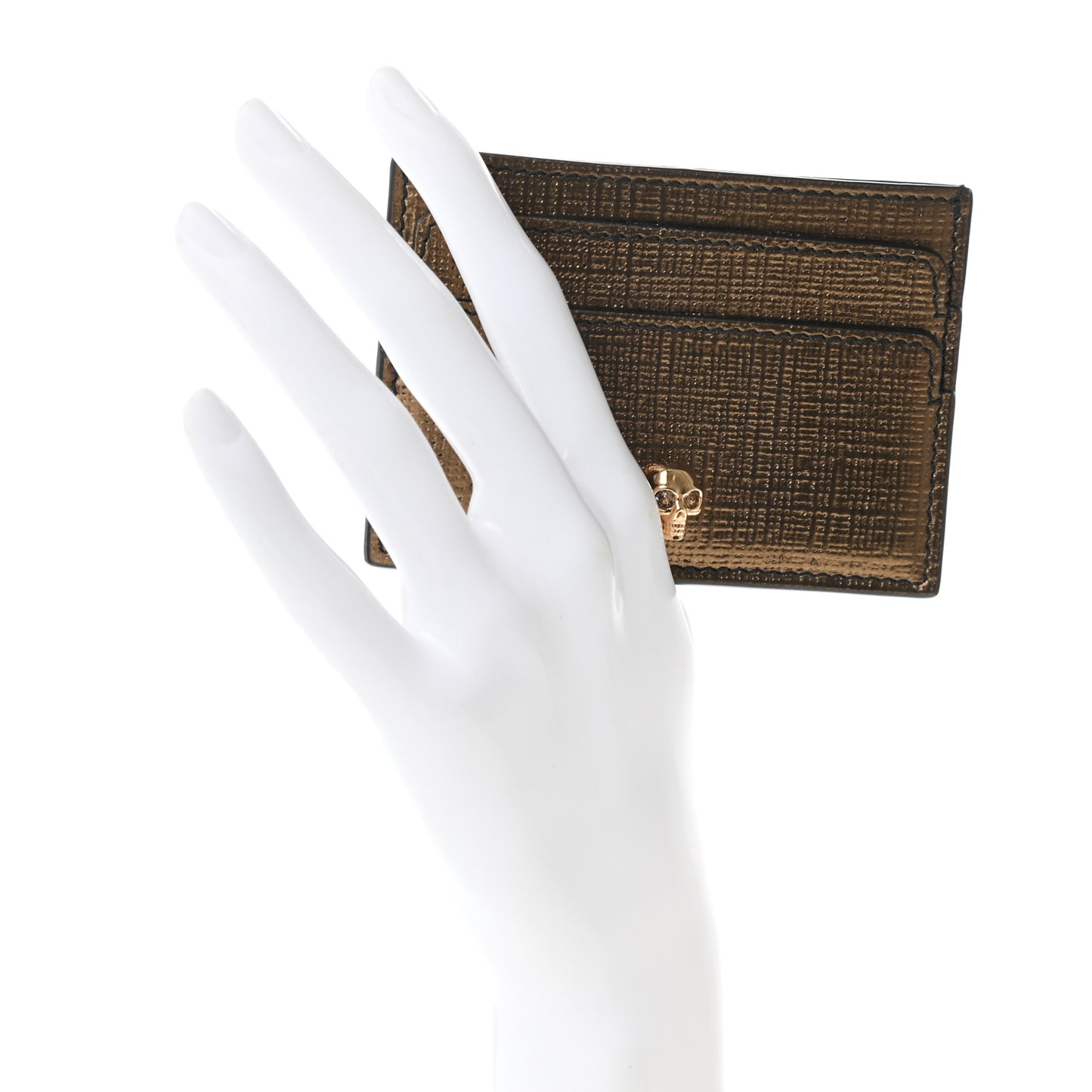 Metallic Textured Calfskin Skull Card Holder Gold