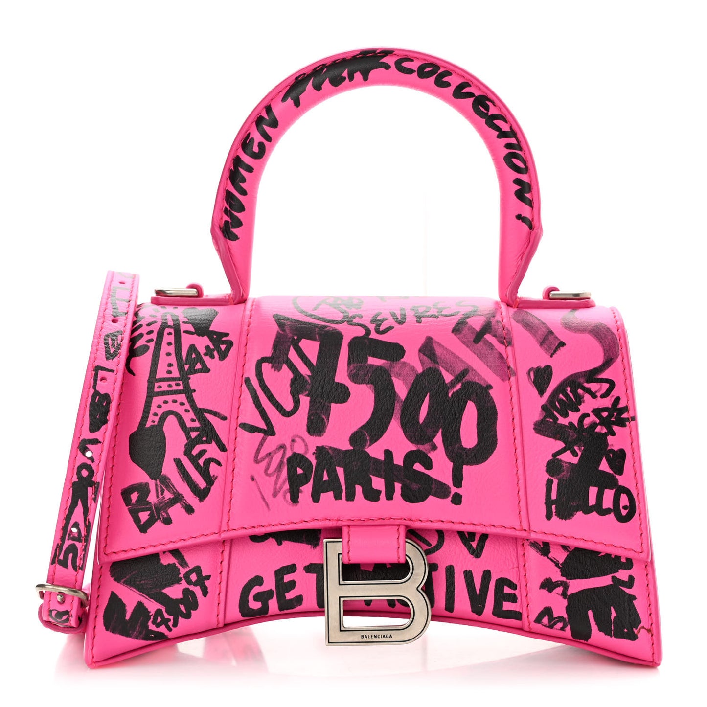 Smooth Calfskin Graffiti Hourglass Top Handle Bag XS Acid Fuchsia Black