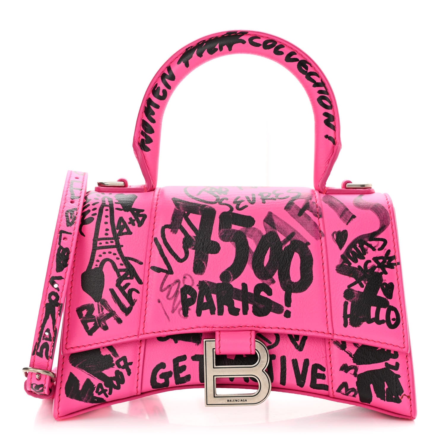 Balenciaga Smooth Calfskin Graffiti Hourglass Top Handle Bag XS Acid Fuchsia Black 1 of 14