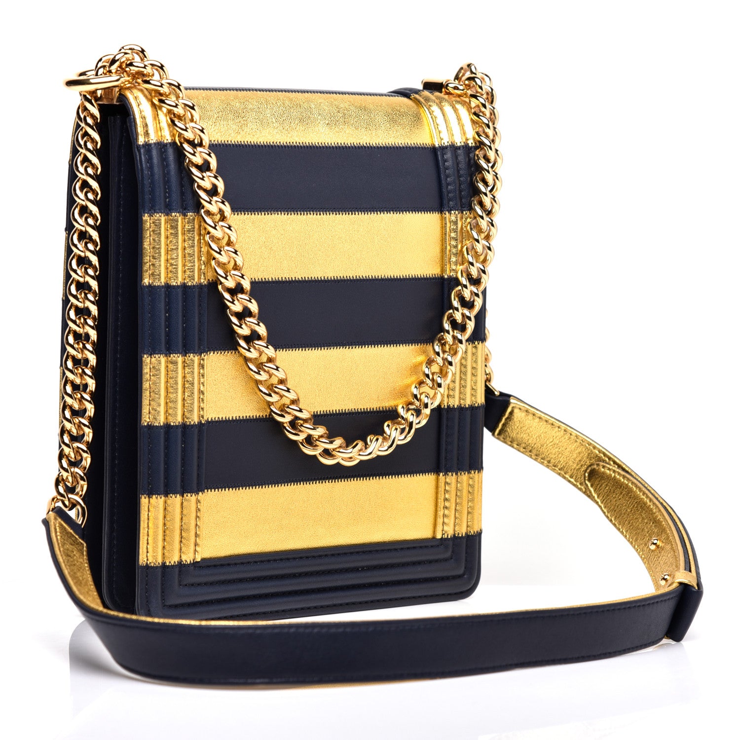 Chanel Metallic Lambskin Striped North South Boy Flap Navy Gold 3 of 11