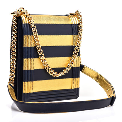 Chanel Metallic Lambskin Striped North South Boy Flap Navy Gold 3 of 11