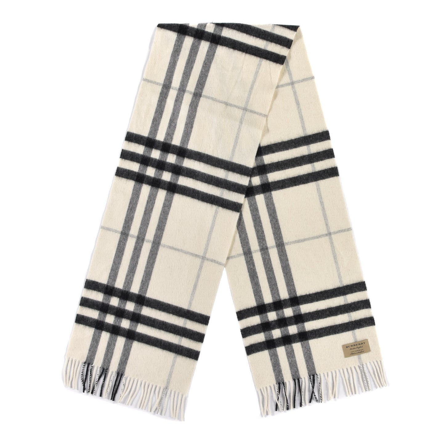 Cashmere Giant Check Icon Stripe Fringe Scarf Natural White