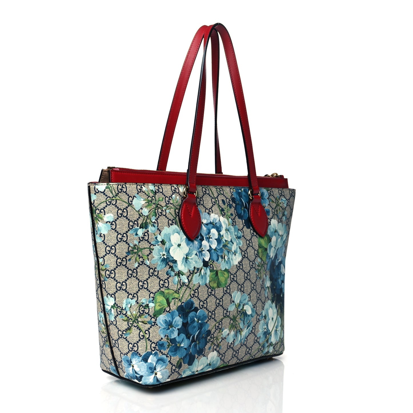 GG Supreme Monogram Blooms Medium Zippered Bucket Tote Beige Blue Navy Hibiscus Red