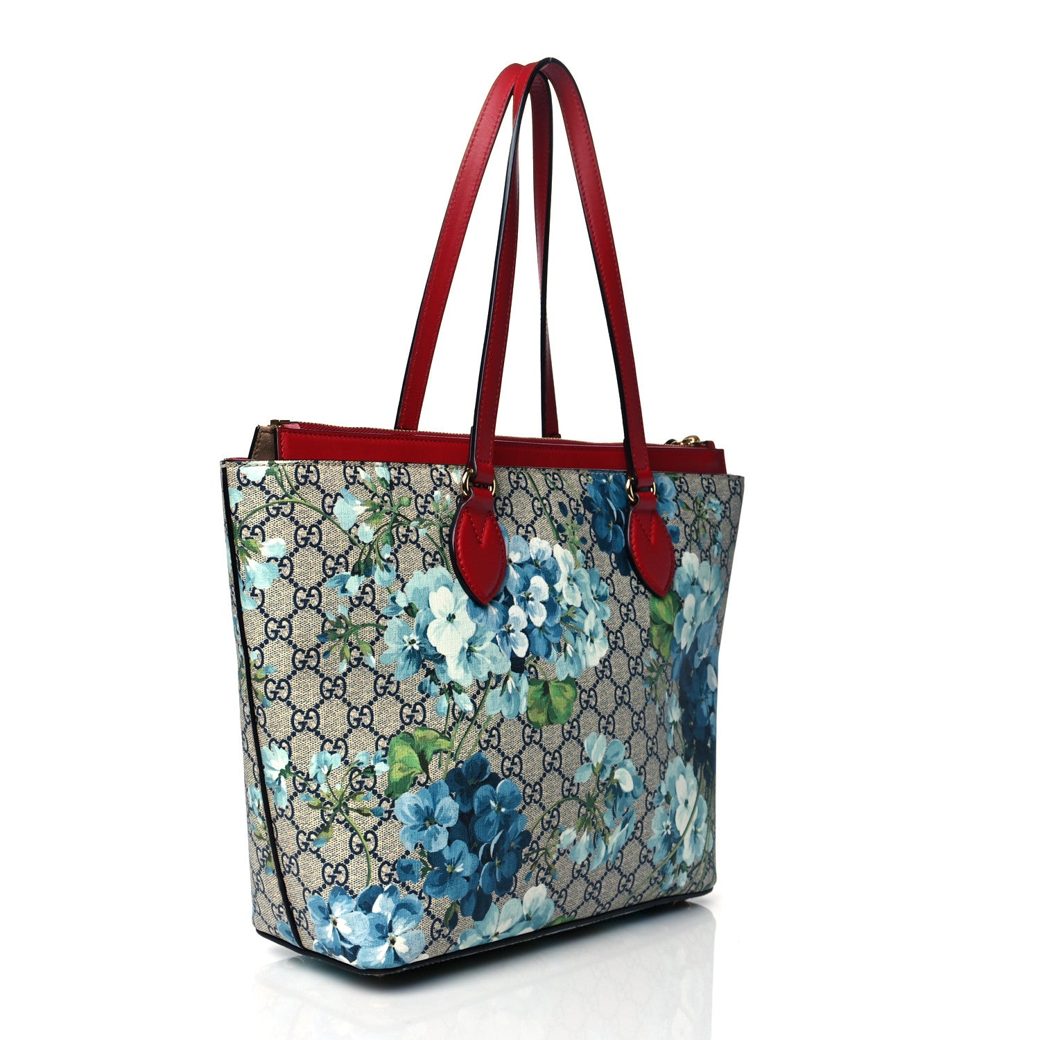 Gucci GG Supreme Monogram Blooms Medium Zippered Bucket Tote Beige Blue Navy Hibiscus Red 3 of 14
