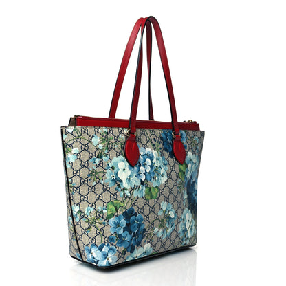 Gucci GG Supreme Monogram Blooms Medium Zippered Bucket Tote Beige Blue Navy Hibiscus Red 3 of 14
