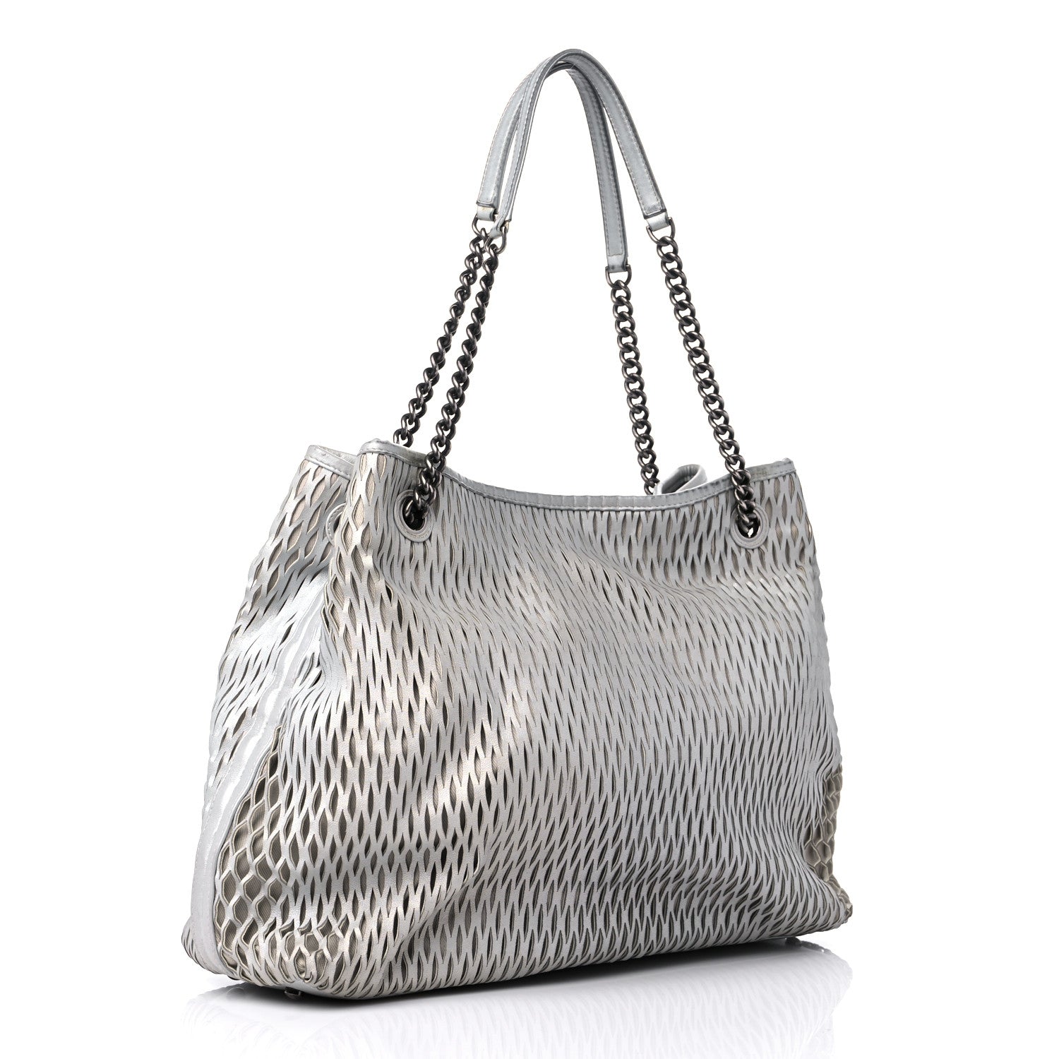 Chanel Calfskin Laser Cut Perforated CC Tote Silver 3 of 16