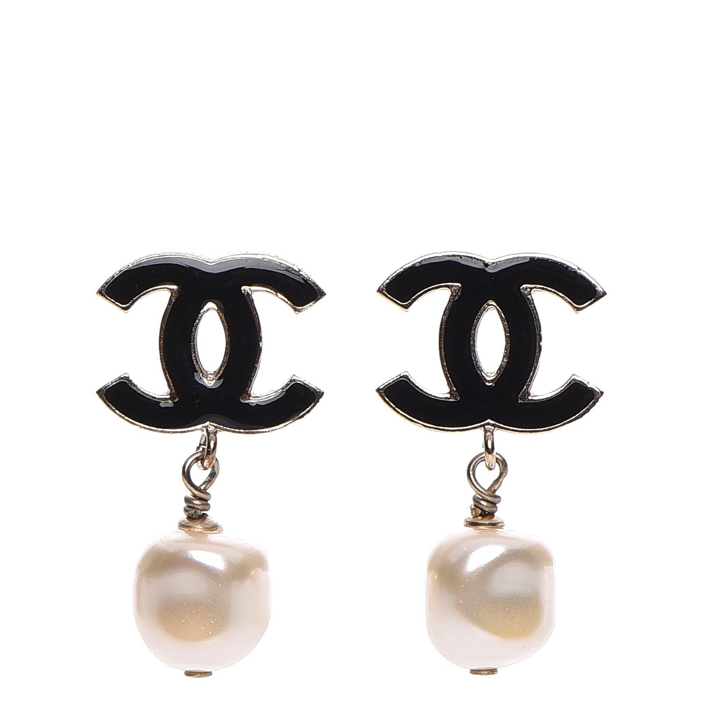 Pearl Enamel CC Drop Earrings Black Gold