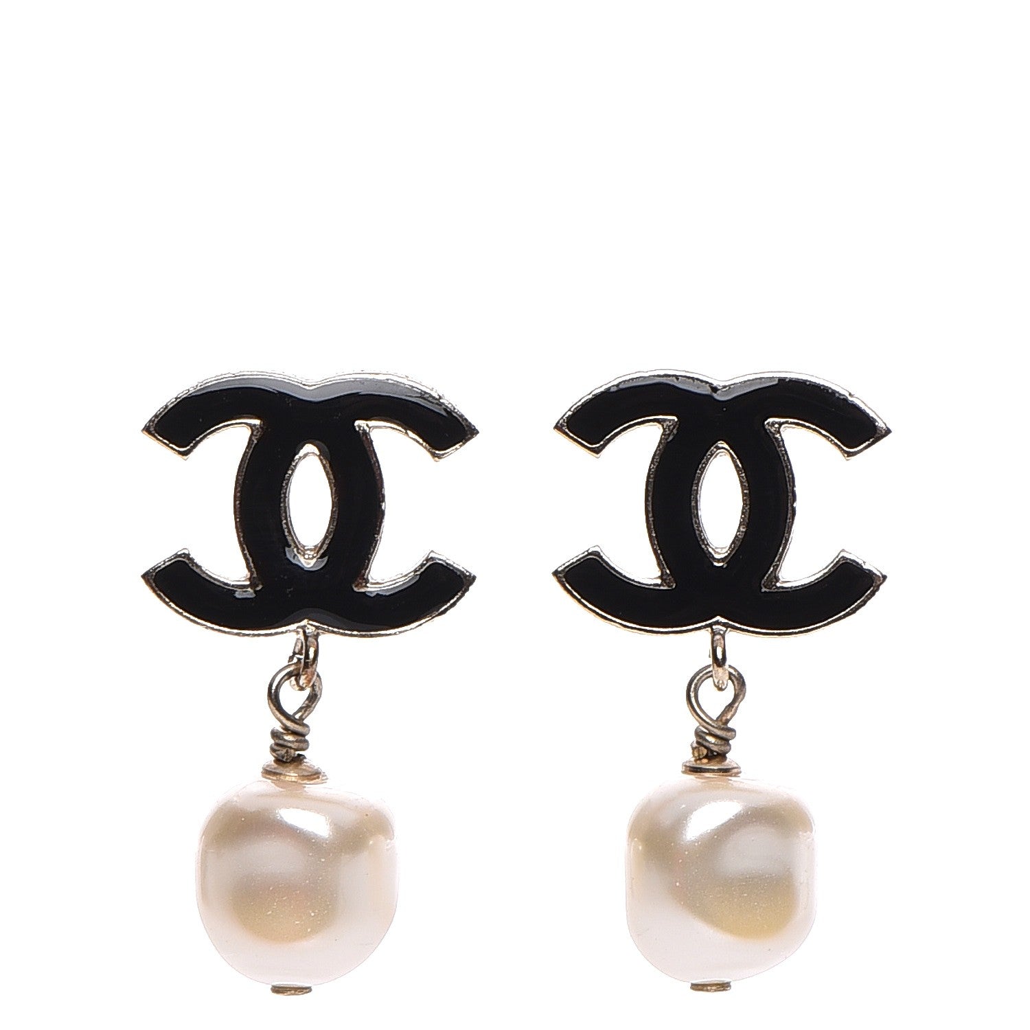 Chanel Pearl Enamel CC Drop Earrings Black Gold 1 of 4