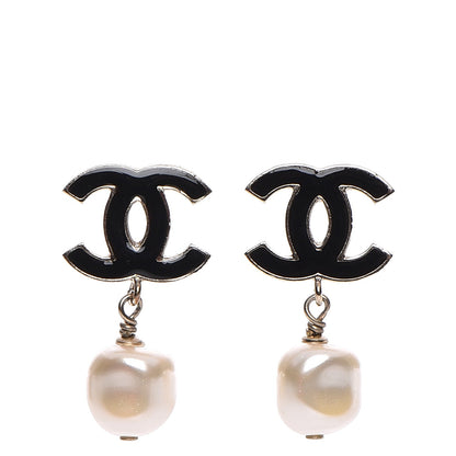Chanel Pearl Enamel CC Drop Earrings Black Gold 1 of 4