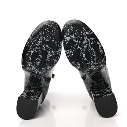Chanel Calfskin Camellia Printed Ankle Boots 38.5 Black White 5 of 7