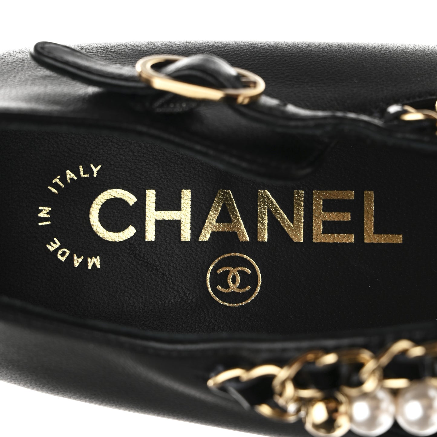 Shiny Lambskin Pearl Cap Toe Ankle Chain Ballerina Flats 37 Black