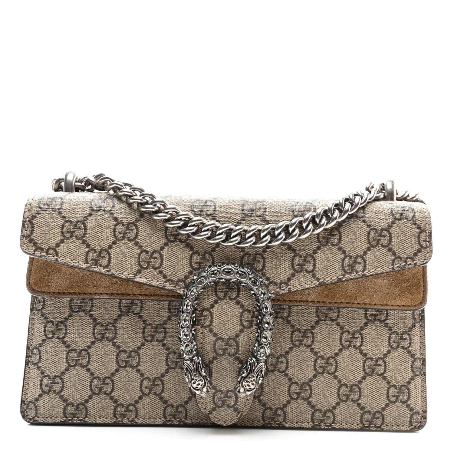 Gucci GG Supreme Monogram Suede Crystal Small Dionysus Shoulder Bag Beige Ebony Taupe 1 of 10