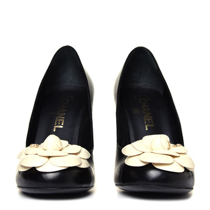Chanel Lambskin Camellia Pumps 38 Black White 5 of 10