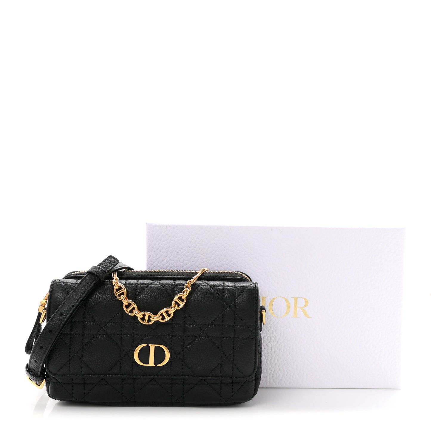 Supple Calfskin Cannage Caro Pouch With Chain  Black