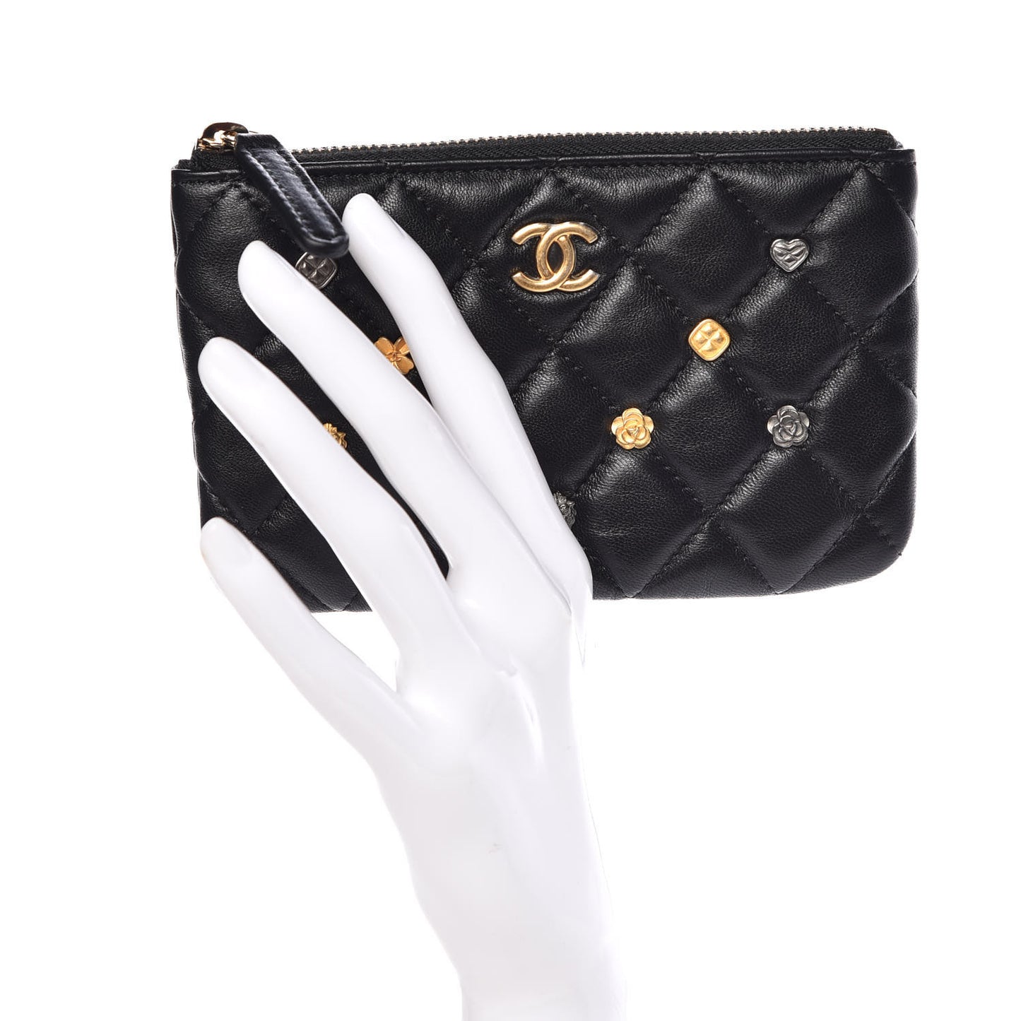 Lambskin Quilted Small Lucky Charms Cosmetic Case Black