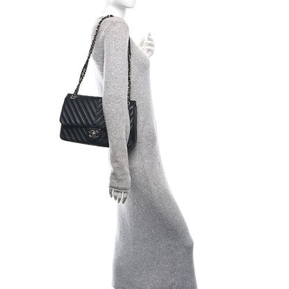 Chanel Lambskin Chevron Quilted Double Stitch Jumbo Double Flap Black 2 of 10