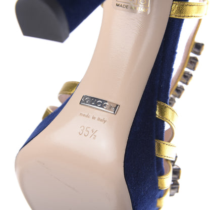 Gucci Velvet Nappa Crystal Zephyra Slingback Platform High Heel Sandals 35.5 Blue Gold 9 of 10