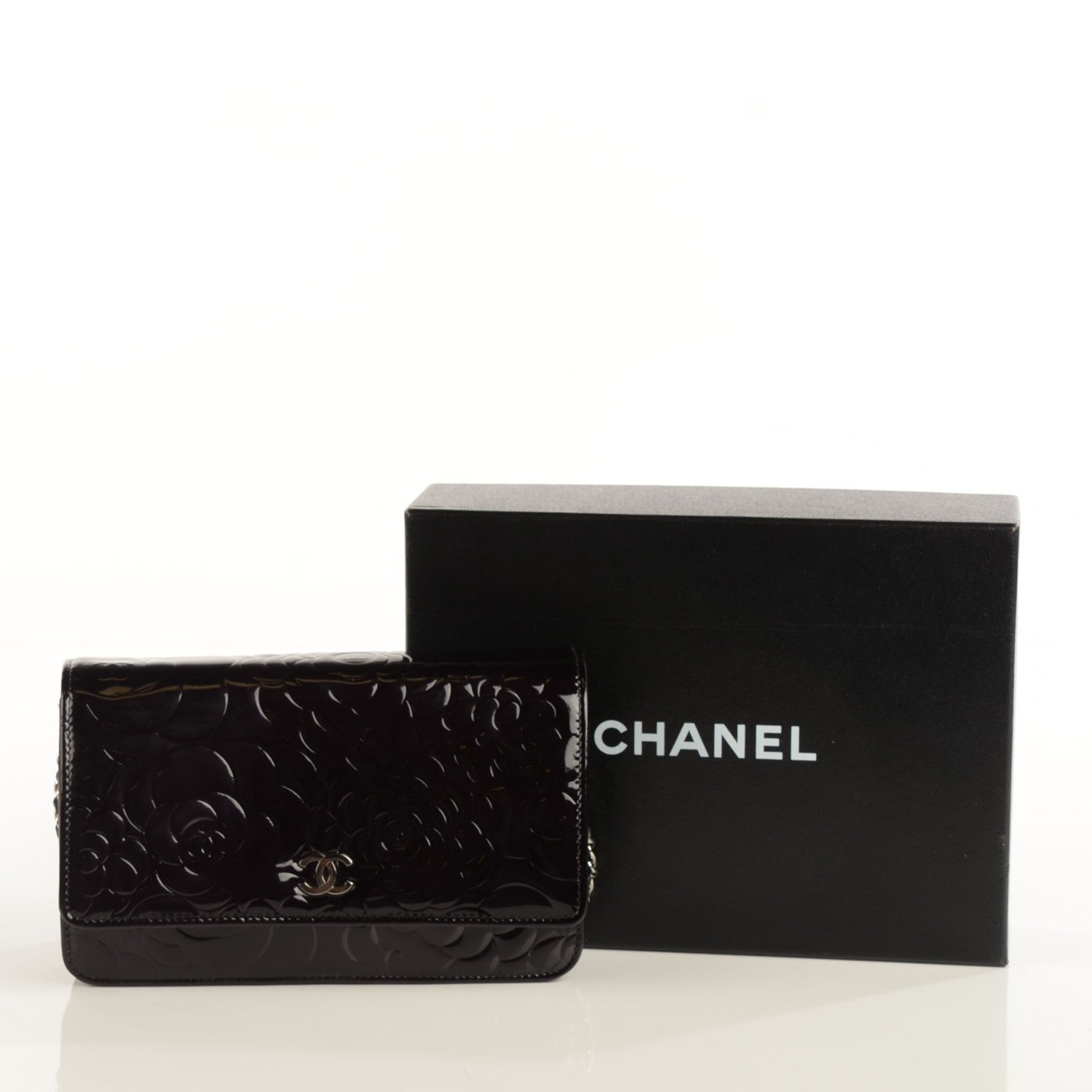 Chanel Patent Camellia Embossed Wallet On Chain WOC Black 5 of 9