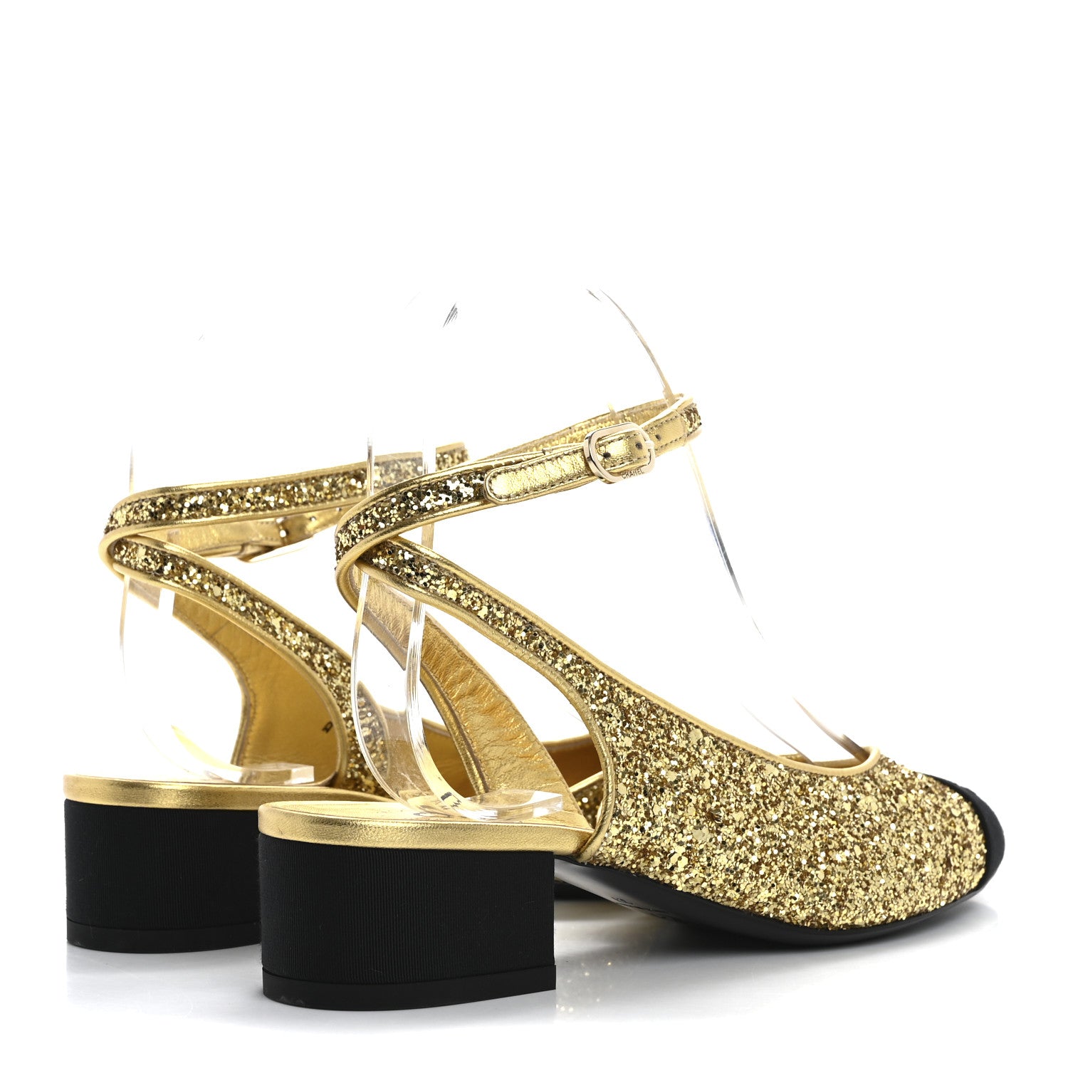 Chanel Glitter Grosgrain Cap Toe CC Slingback Pumps 37 Gold Black 5 of 9
