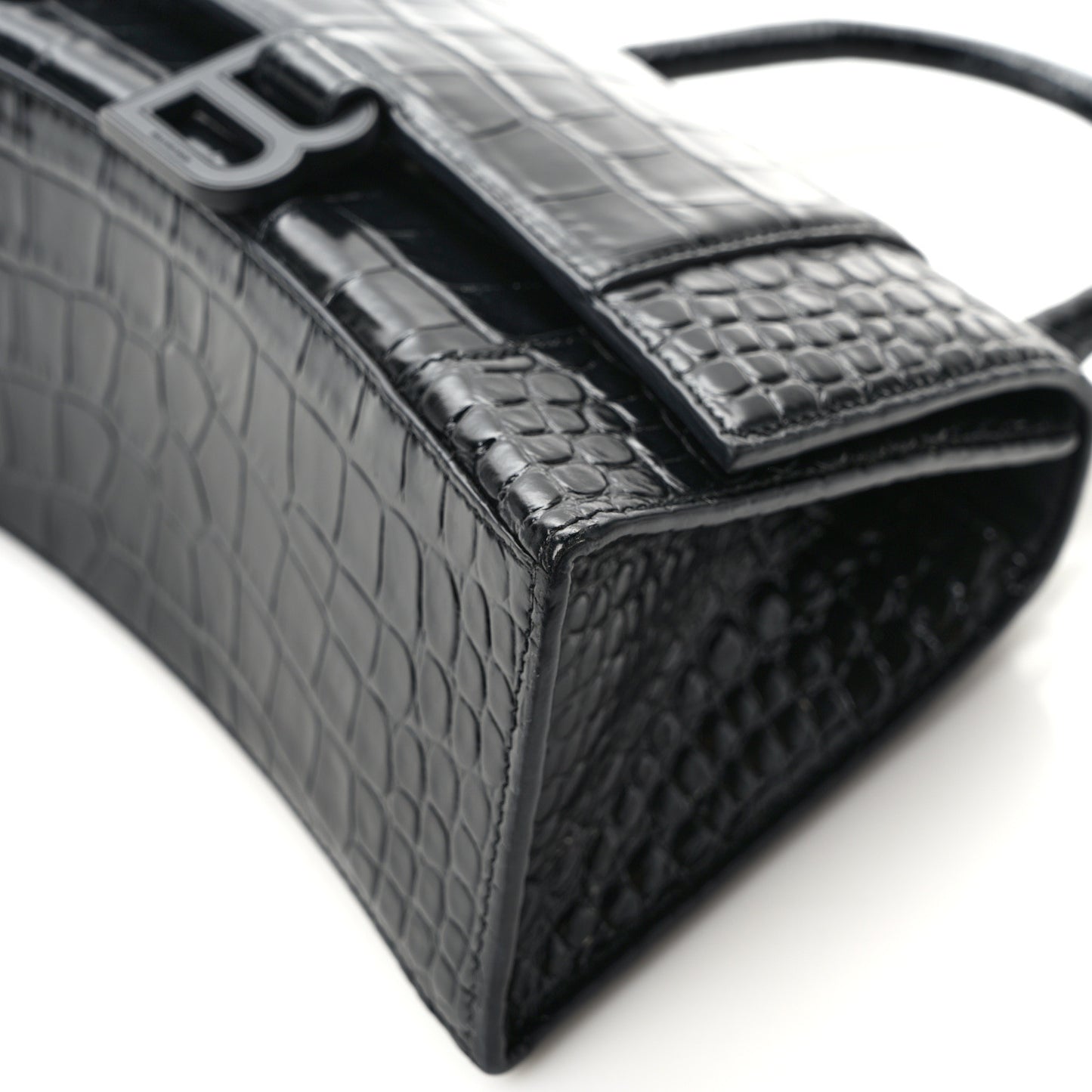 Shiny Calfskin Monochrome Crocodile Embossed Small Hourglass Top Handle Bag Black