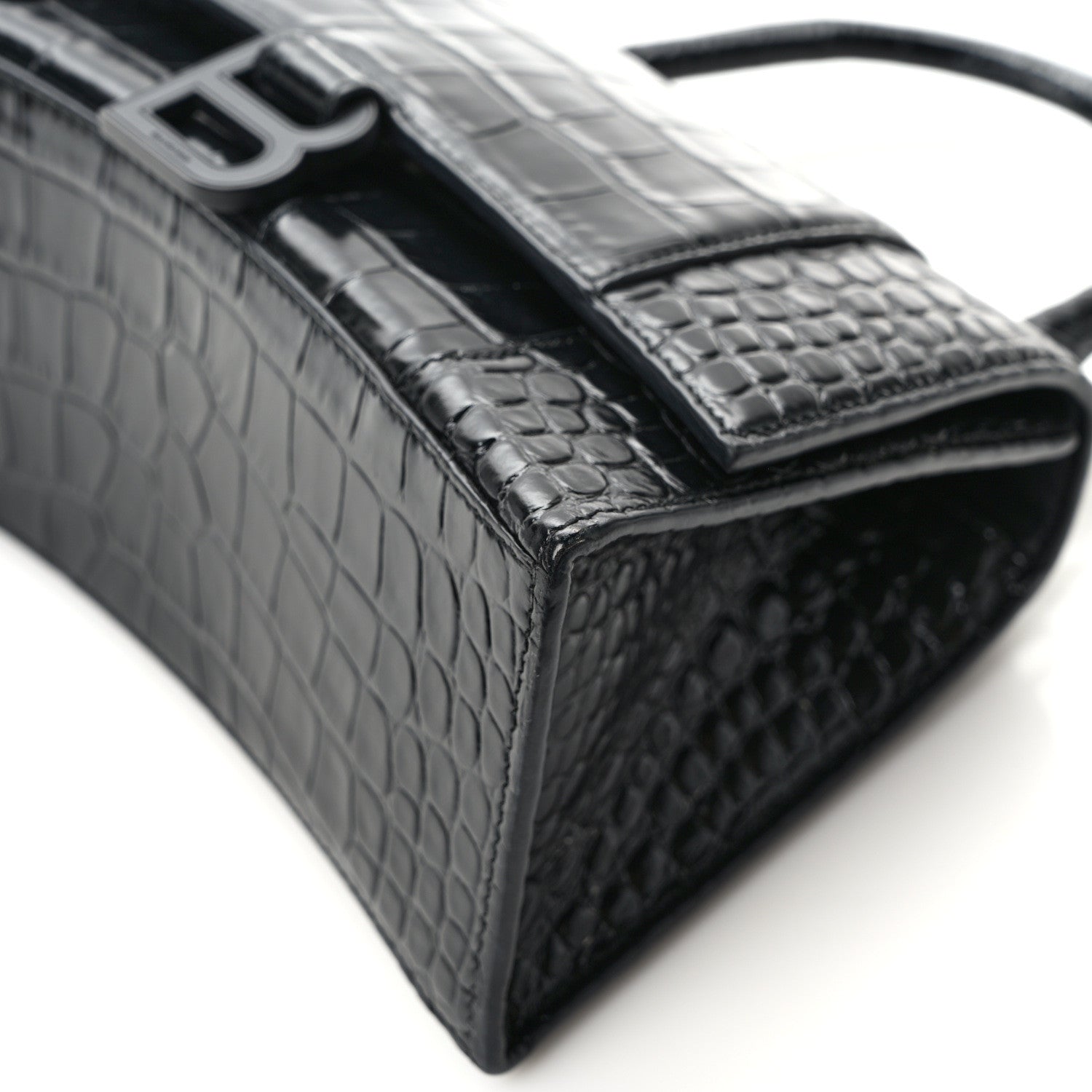 Balenciaga Shiny Calfskin Monochrome Crocodile Embossed Small Hourglass Top Handle Bag Black 11 of 14