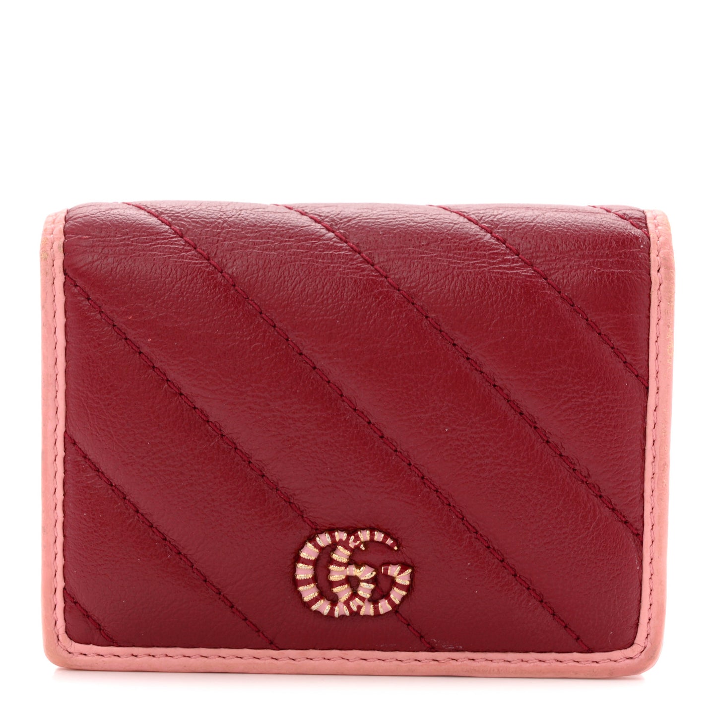 Azalea Calfskin Enamel Matelasse Diagonal Torchon GG Marmont Card Case New Cherry Red Wild Rose
