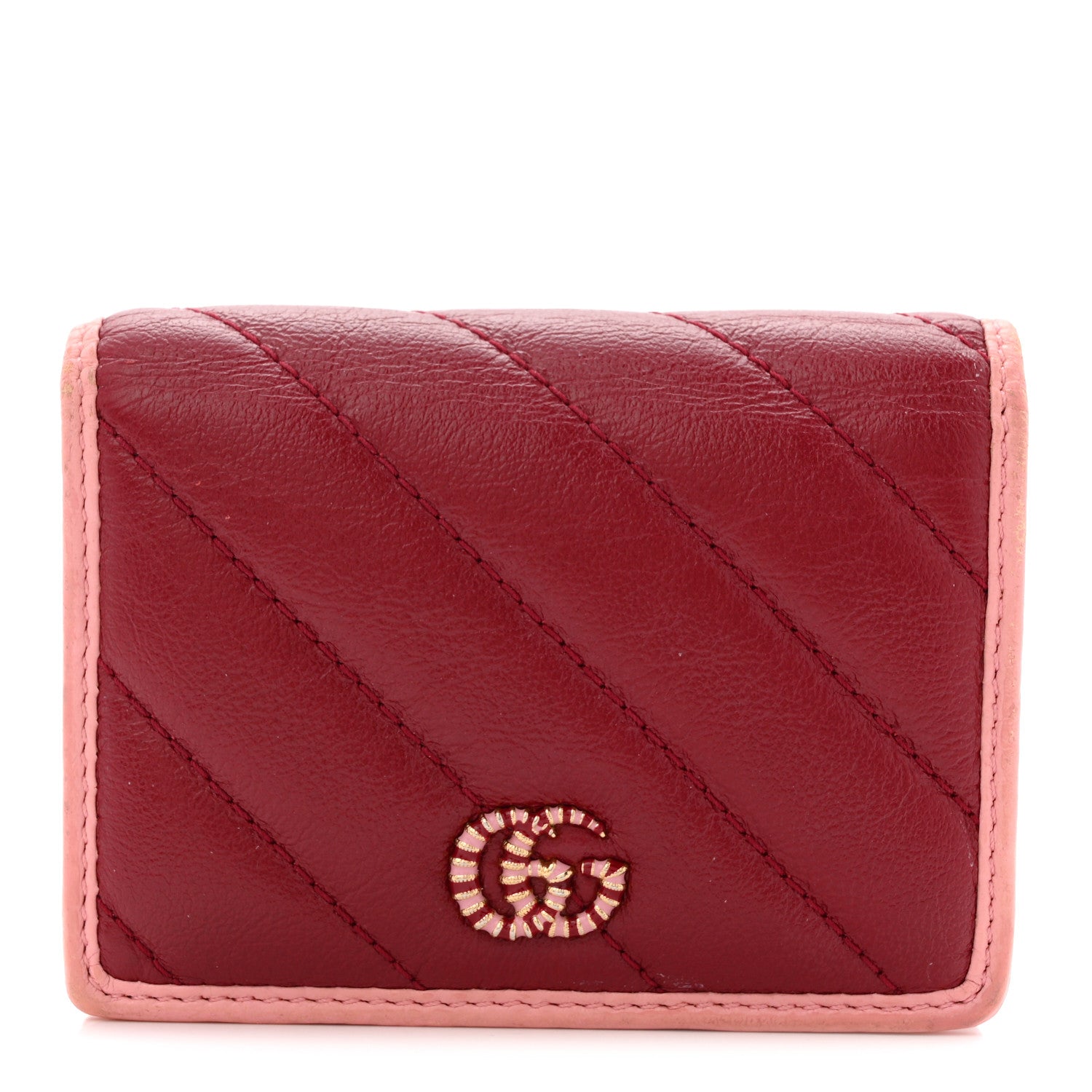Gucci Azalea Calfskin Enamel Matelasse Diagonal Torchon GG Marmont Card Case New Cherry Red Wild Rose 1 of 10