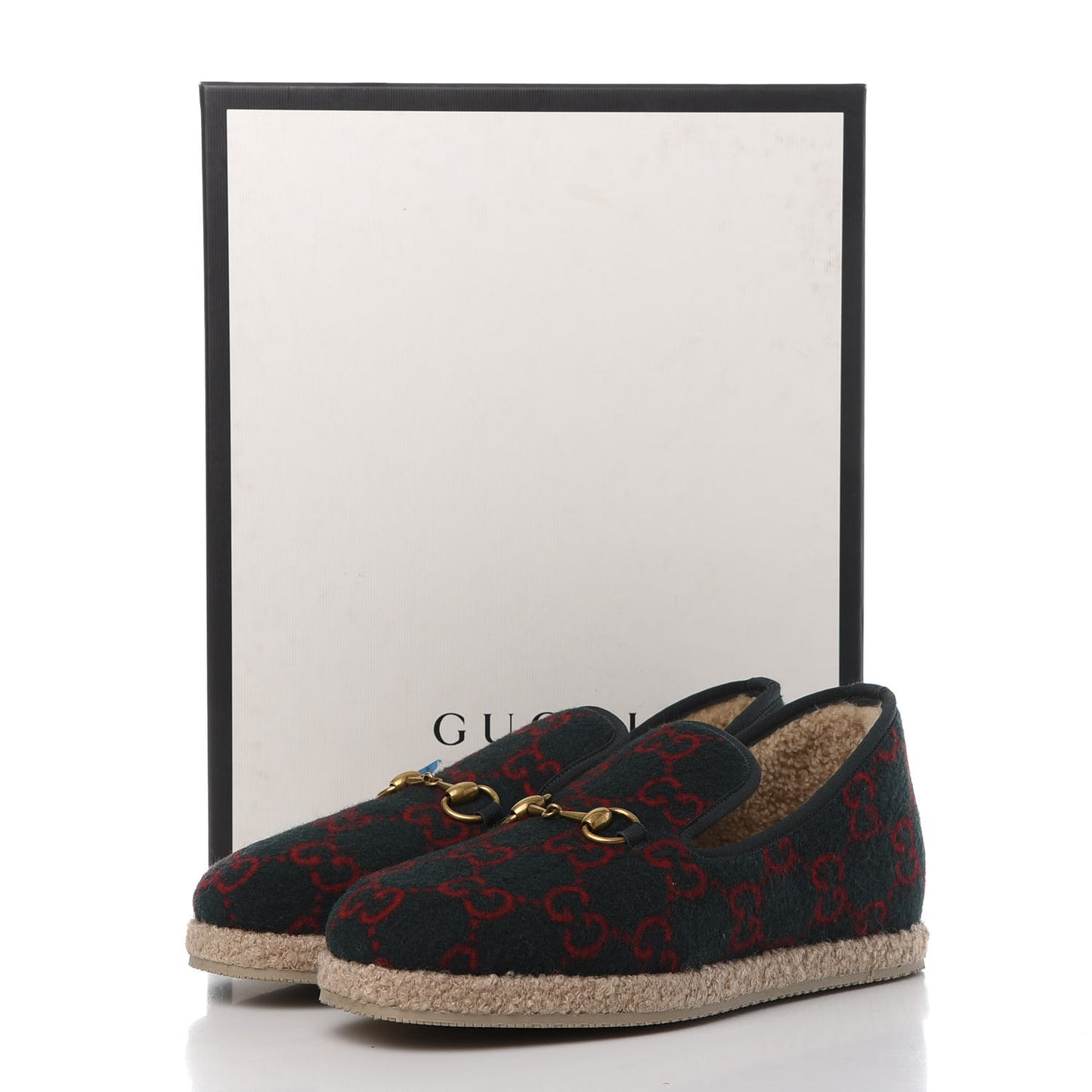 Covered Wool GG Monogram Mens Fria Horsebit Loafers 7 Green Red Shamarock Butterscotch