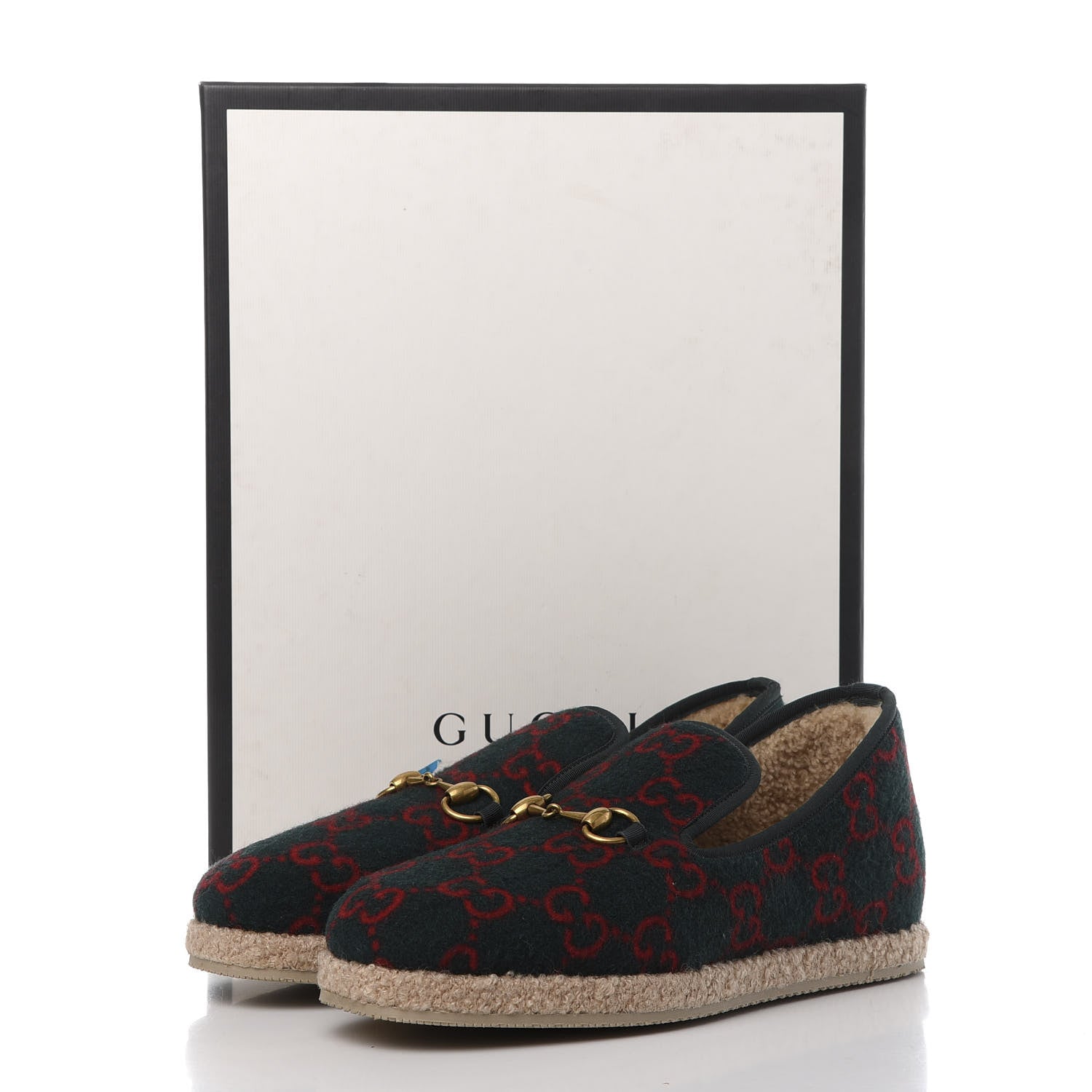 Gucci Covered Wool GG Monogram Mens Fria Horsebit Loafers 7 Green Red Shamarock Butterscotch 9 of 9