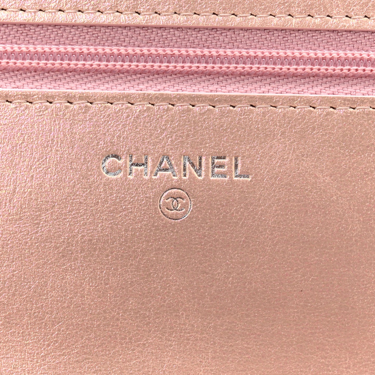 Iridescent Calfskin Quilted Wallet On Chain WOC Pink