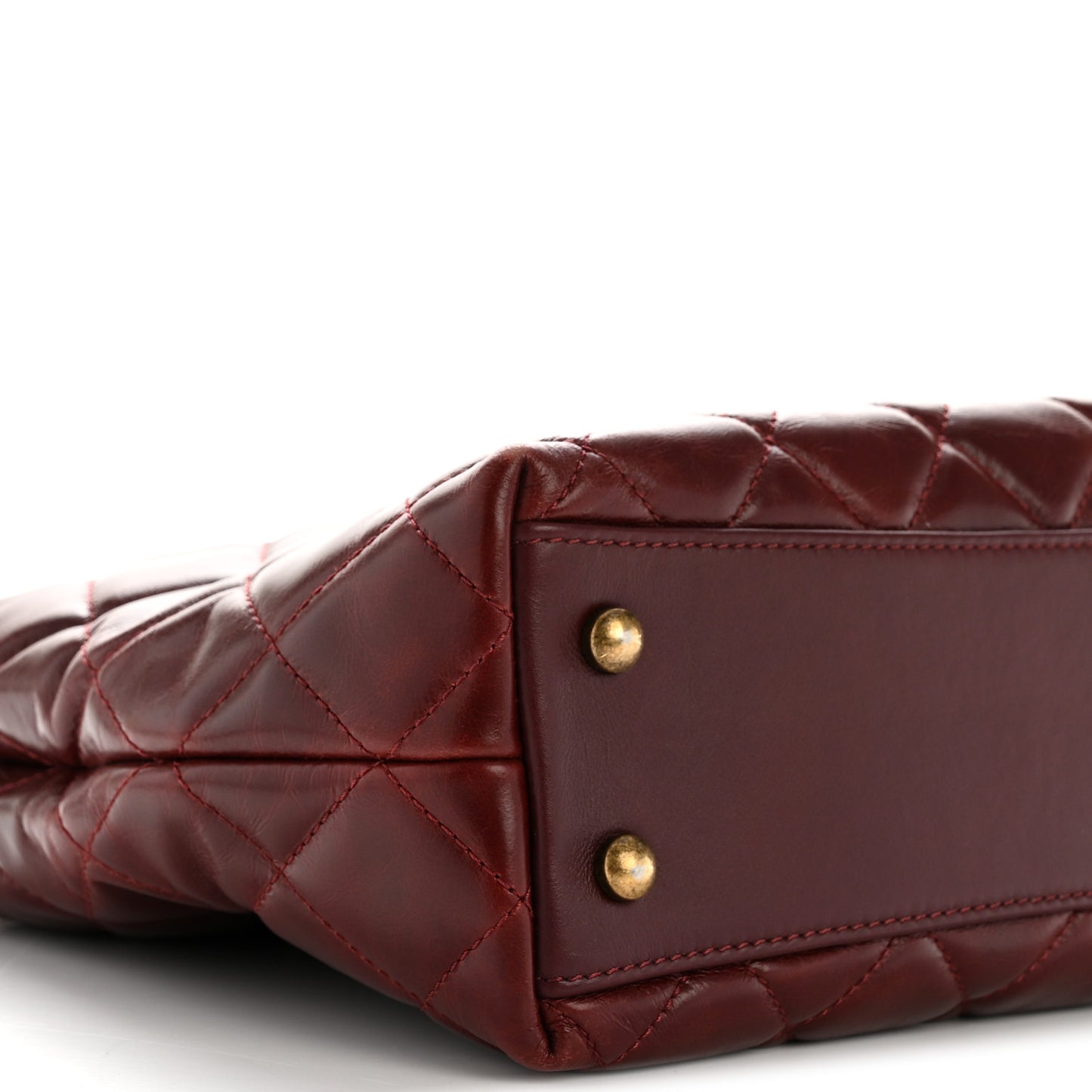 Glazed Calfskin Quilted Small Gold Bar Tote Red