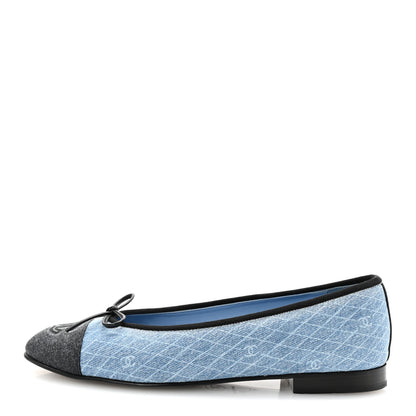 Chanel Denim Printed Quilt CC Cap Toe Ballerina Flats 38 Light Blue Dark Grey 1 of 10