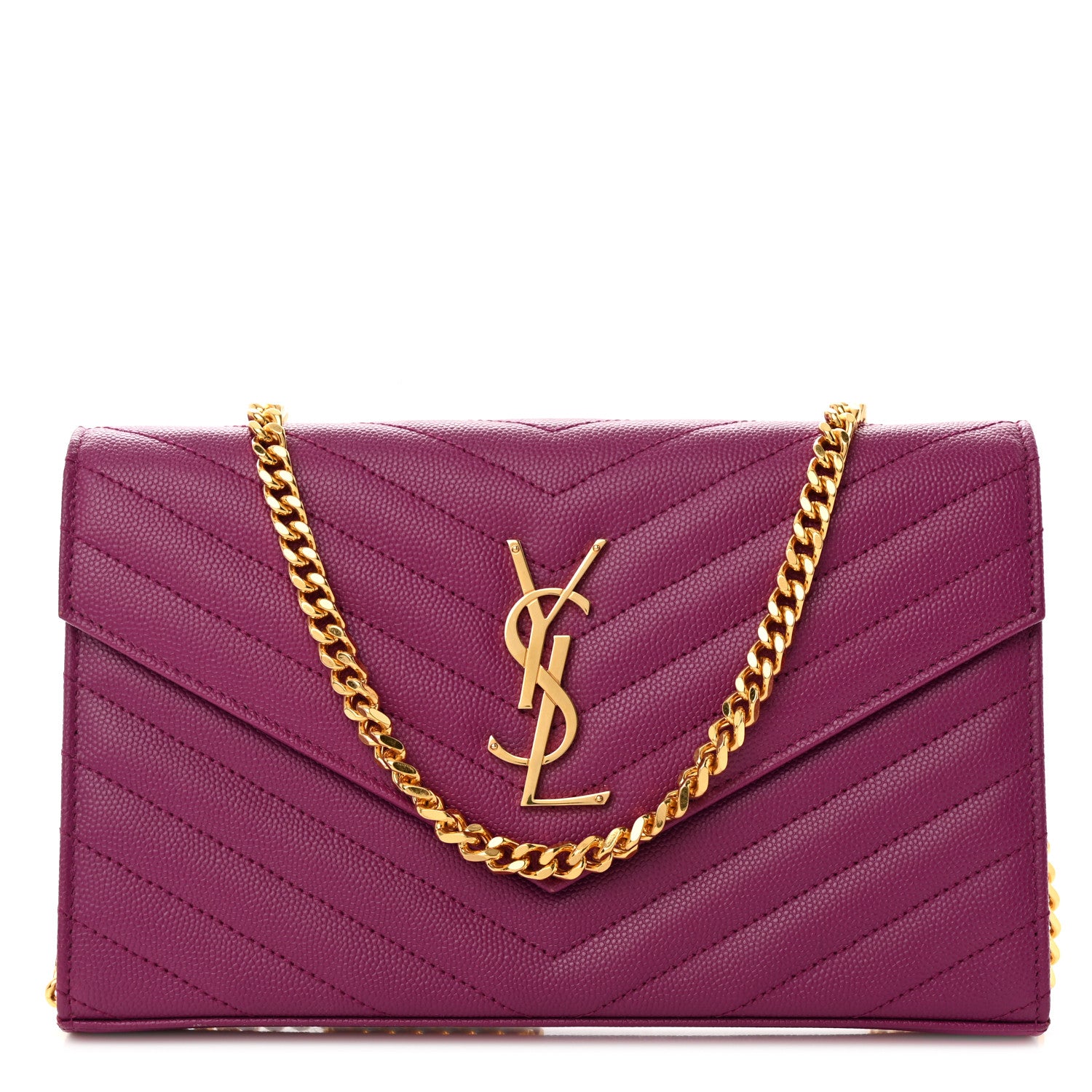 Saint Laurent Grain De Poudre Matelasse Chevron Monogram Chain Wallet Dark Grape 1 of 13