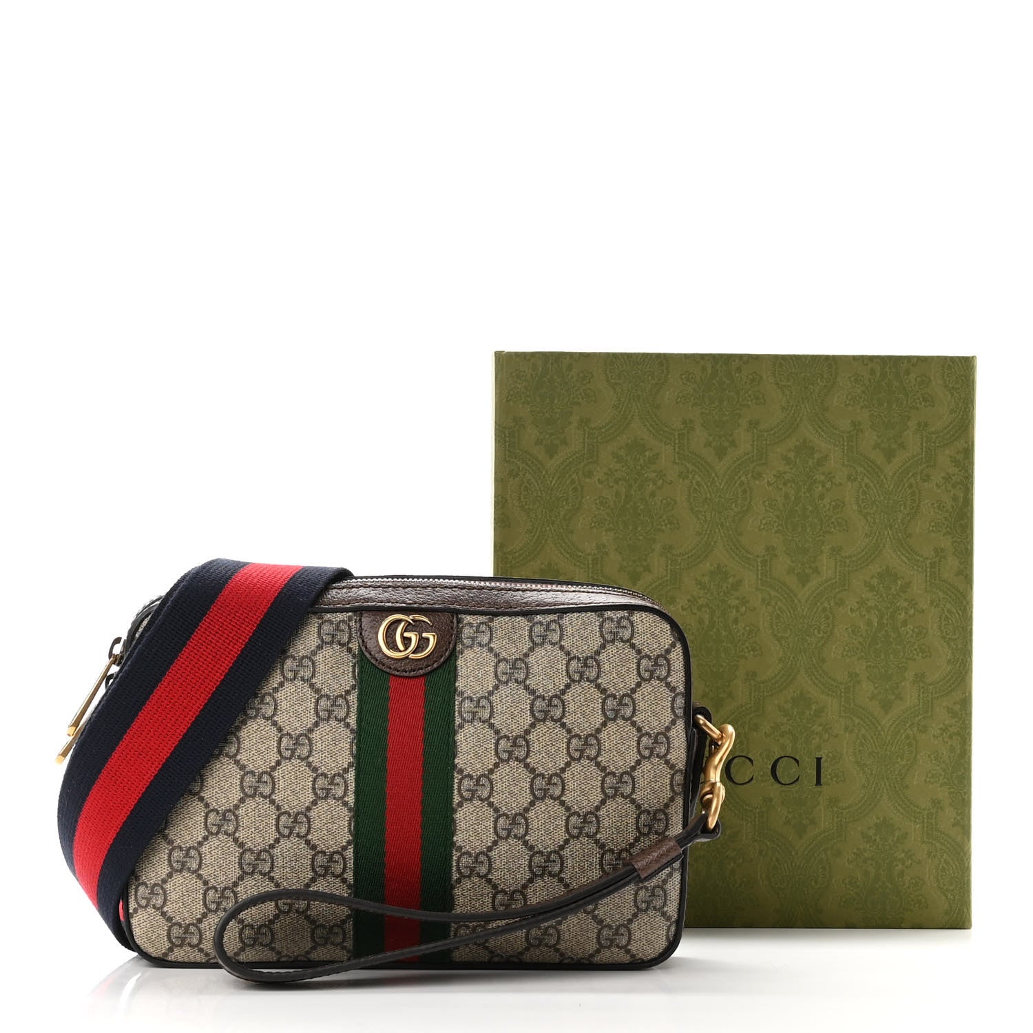 Gucci GG Supreme Monogram Textured Dollar Calfskin Web Ophidia Wristlet Shoulder Bag Beige Ebony New Acero 10 of 10