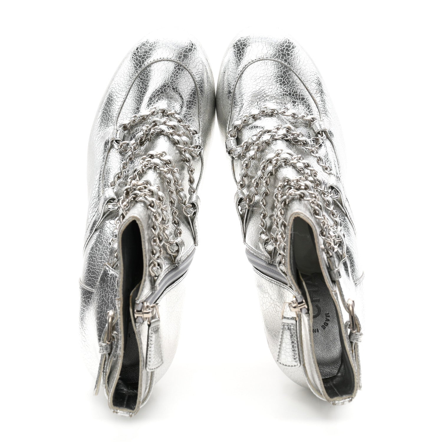 Chanel Metallic Crackled Calfskin Chain CC Short Boots 38.5 Silver