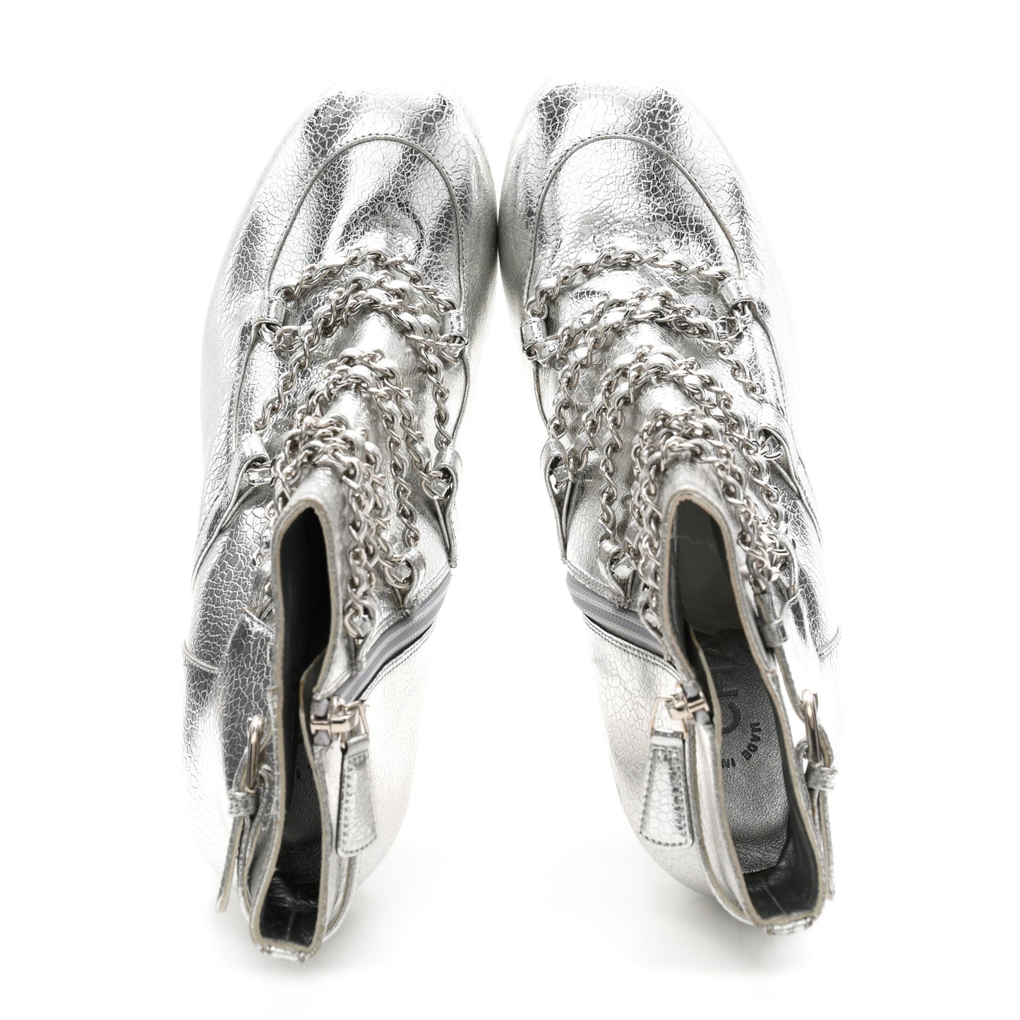 Metallic Crackled Calfskin Chain CC Short Boots 38.5 Silver