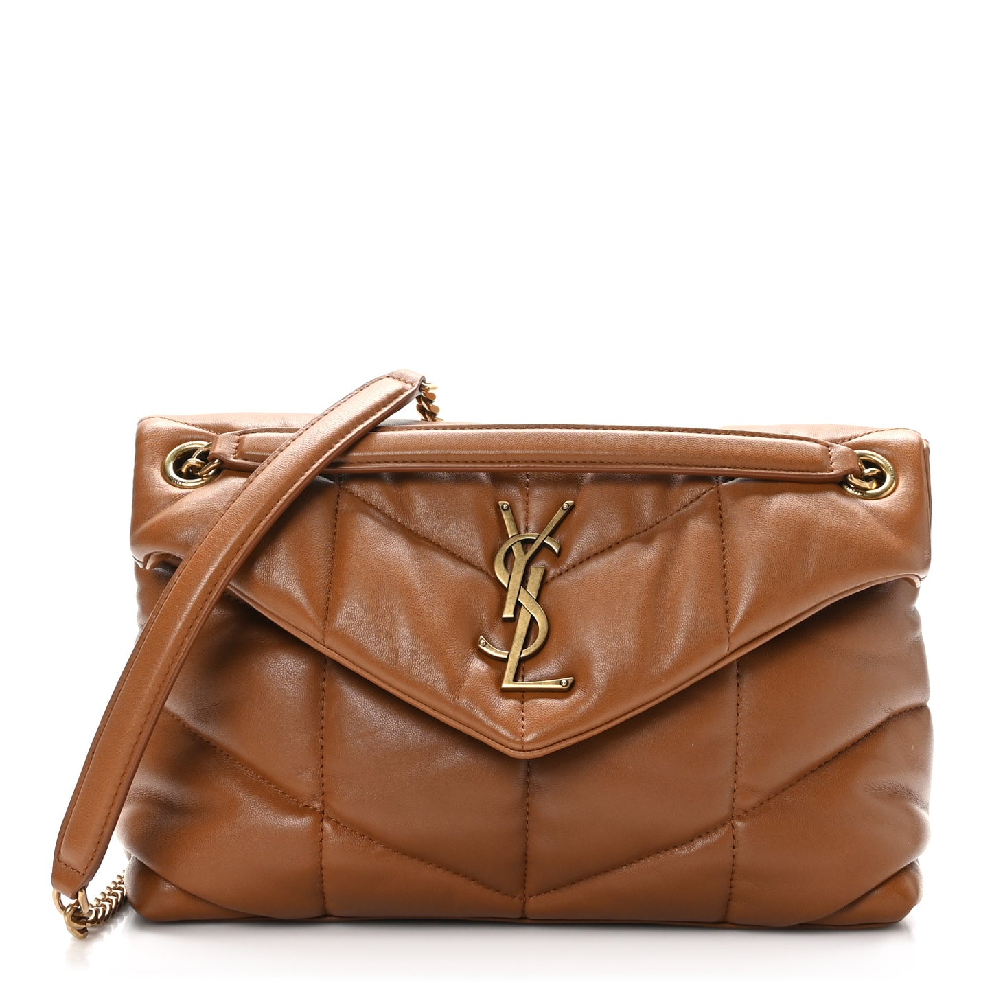Lambskin Quilted Small Loulou Puffer Monogram Chain Satchel Dark Honey