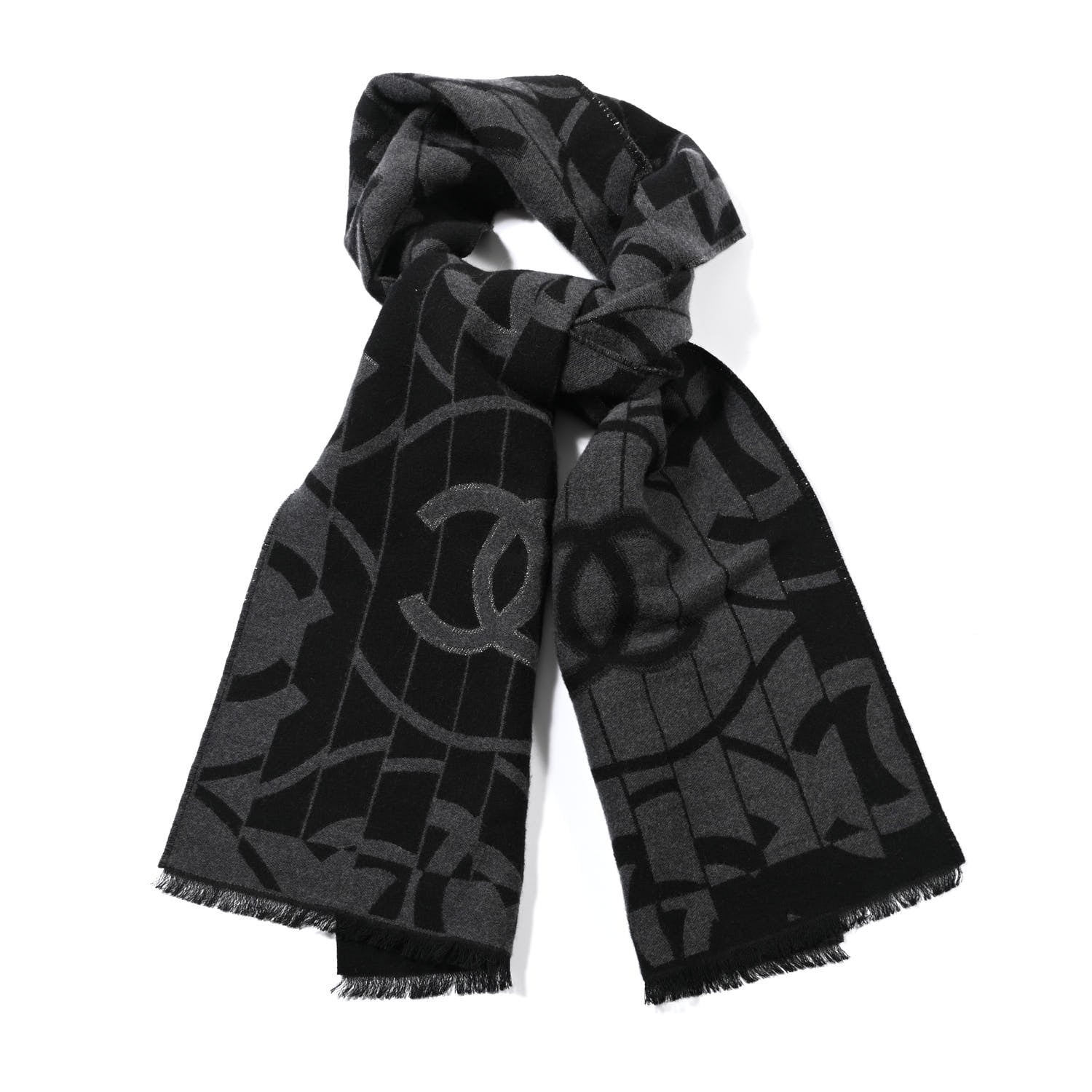 Chanel Wool Silk CC Scarf Grey Black 1 of 2