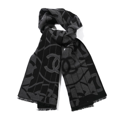 Chanel Wool Silk CC Scarf Grey Black 1 of 2