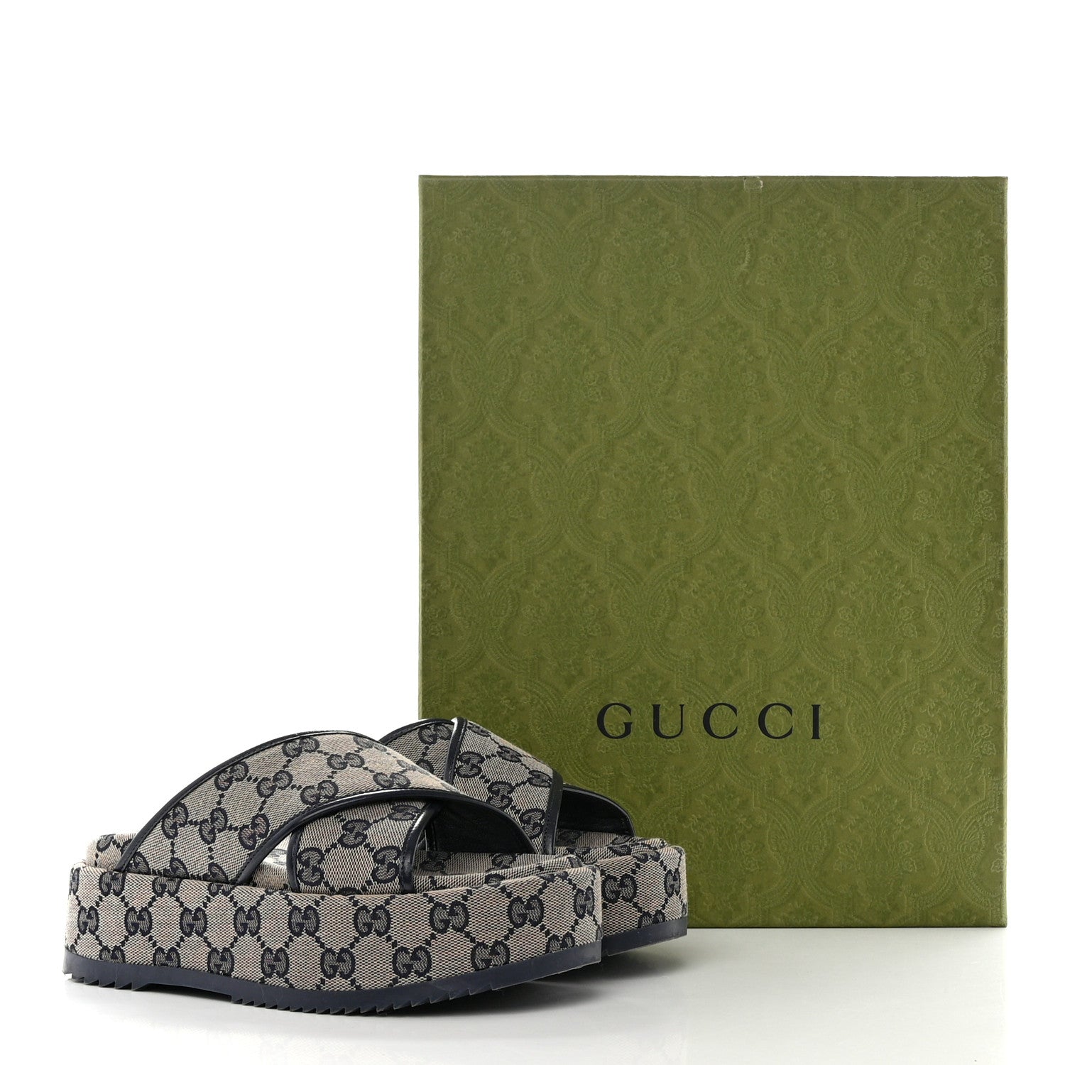 Gucci Monogram Criss Cross Platform Slide Sandals 34.5 Beige Blue 11 of 11