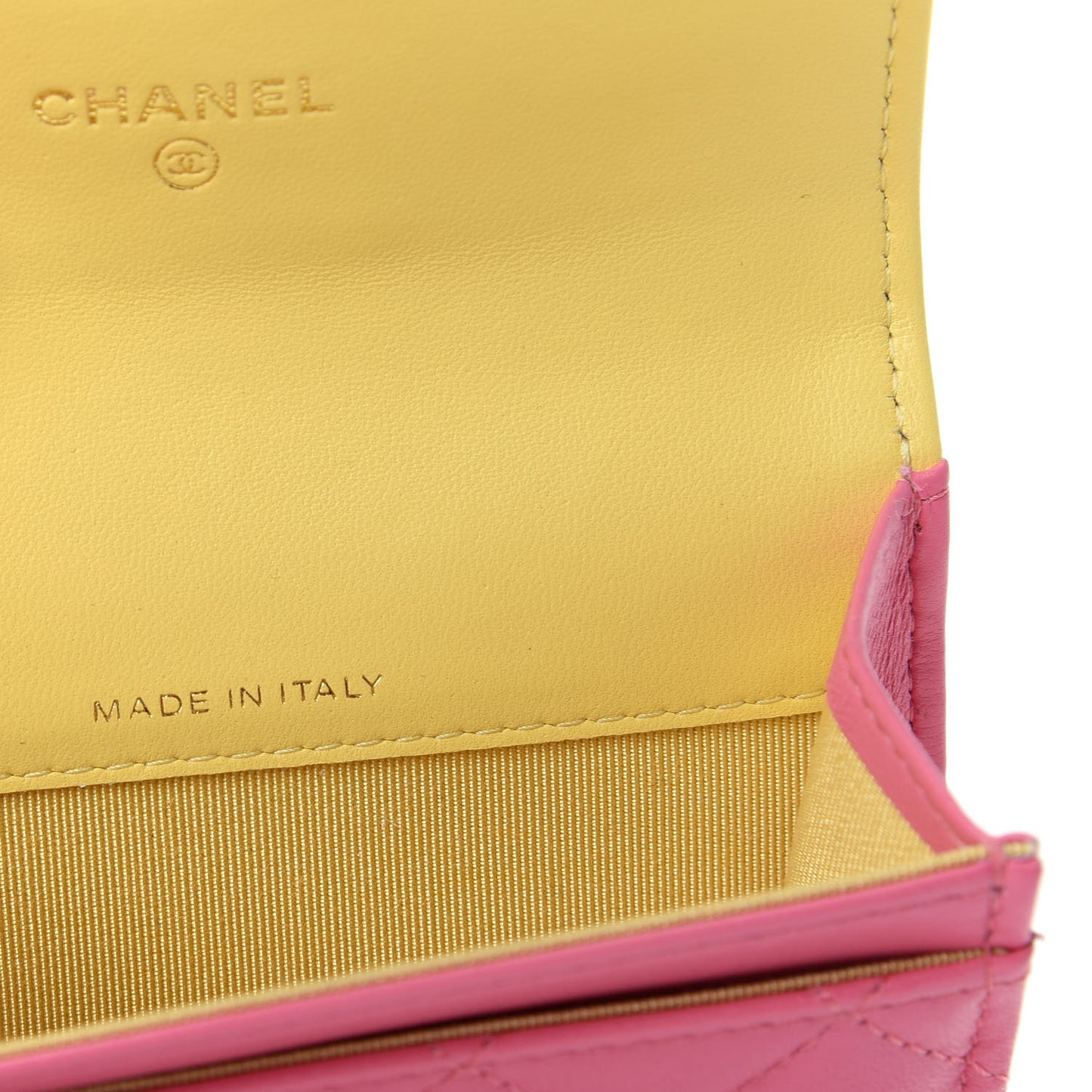 Lambskin Quilted Flap Card Holder Wallet Pink Yellow