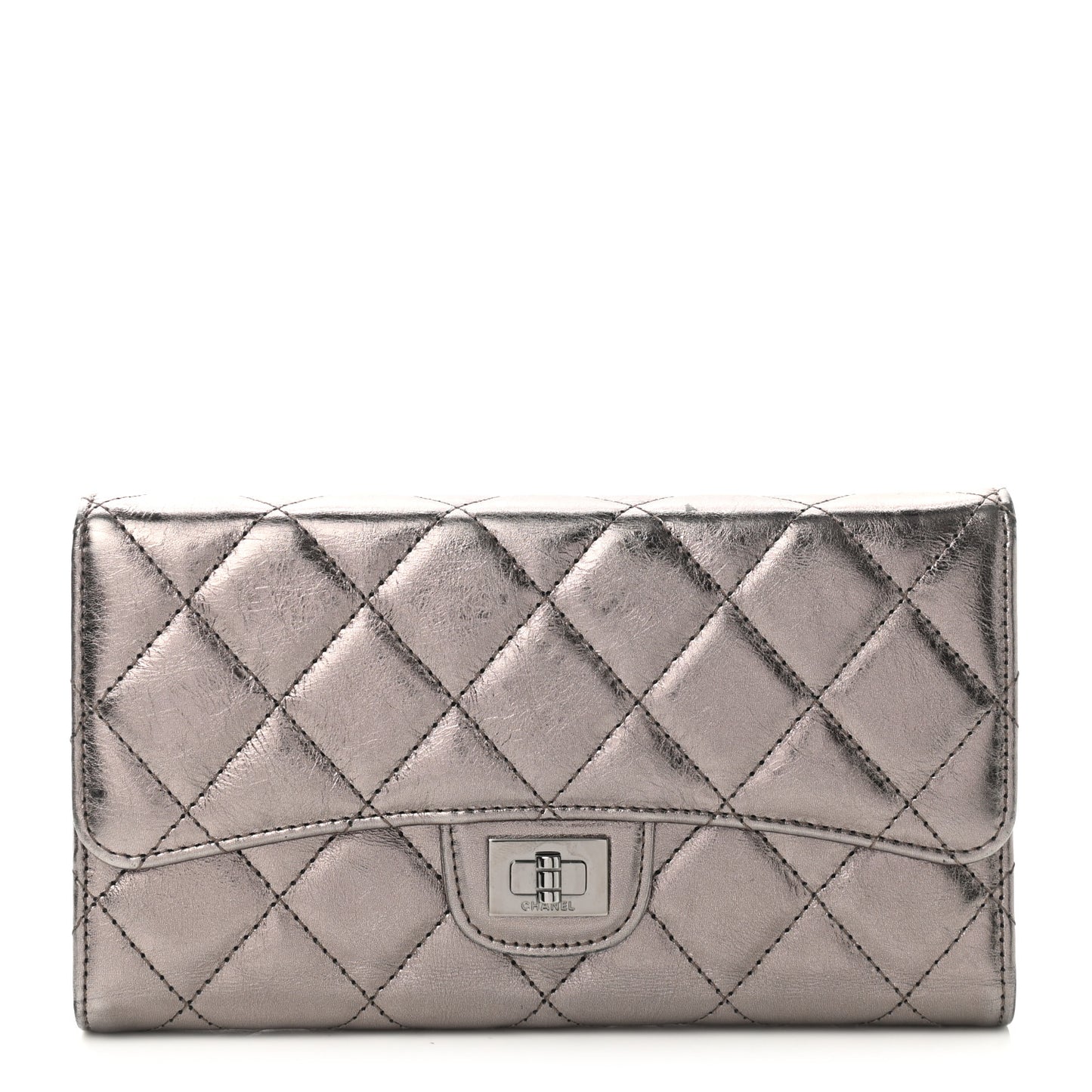 Metallic Aged Calfskin Quilted Reissue Flap Wallet Silver