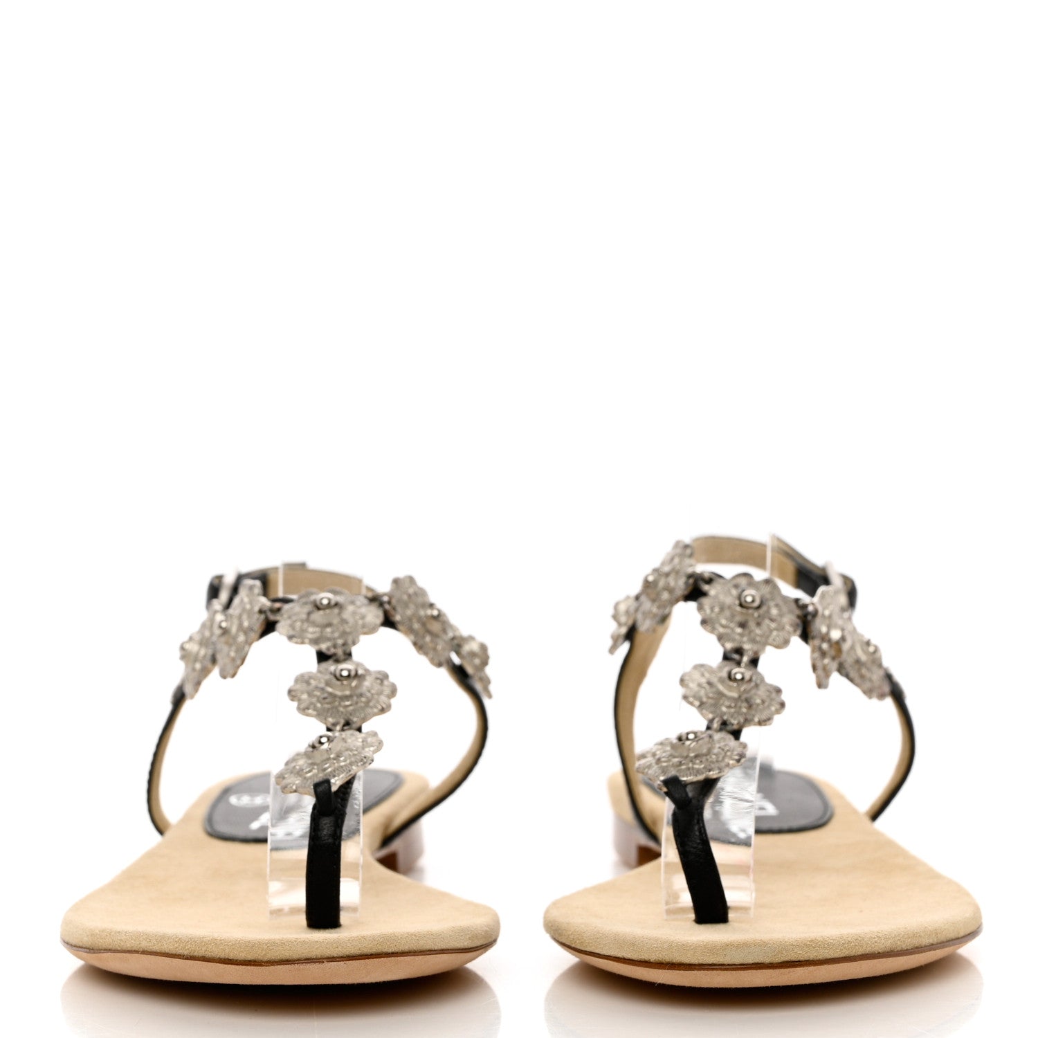 Chanel Lambskin Metal Camellia Thong Sandals 36.5 Black 2 of 11