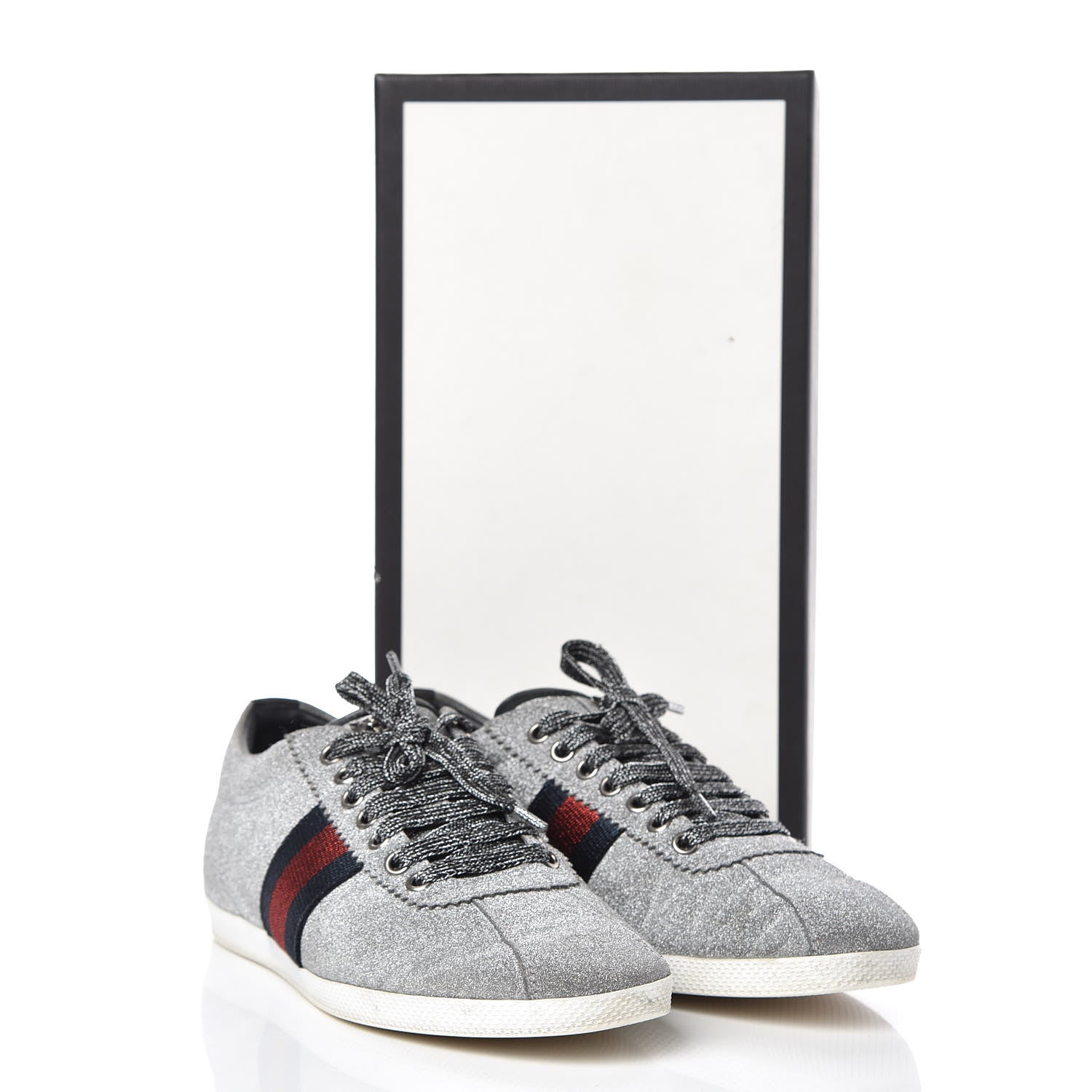 Gucci Glitter Fabric Studded Womens Web Sneakers 38.5 Silver 10 of 13