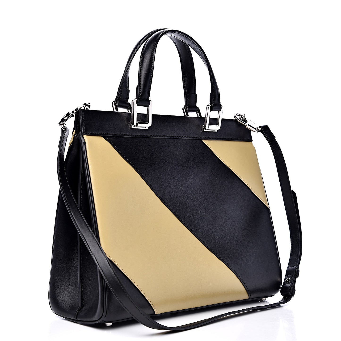 Smooth Calfskin Diagonal Striped Medium Zumi Top Handle Bag Black Beige