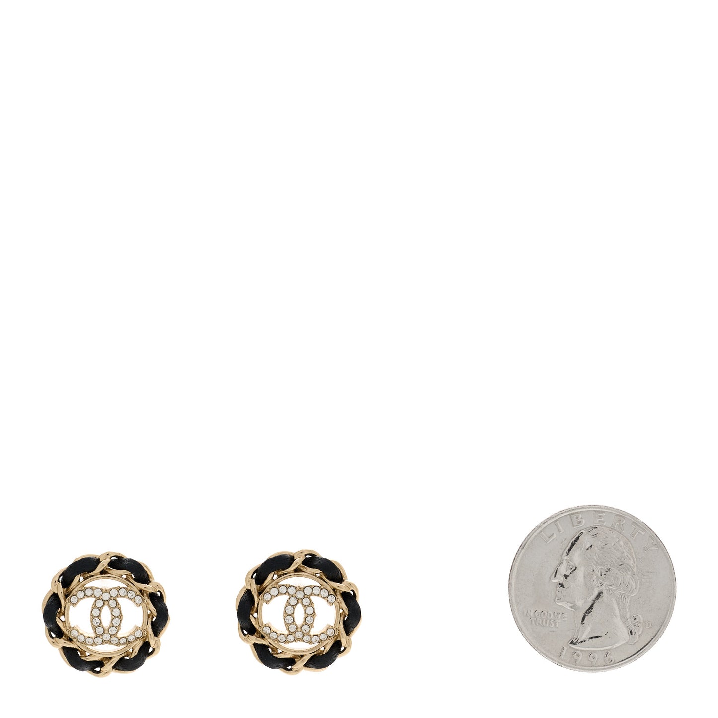 Crystal Lambskin Chain CC Stud Earrings Black Gold