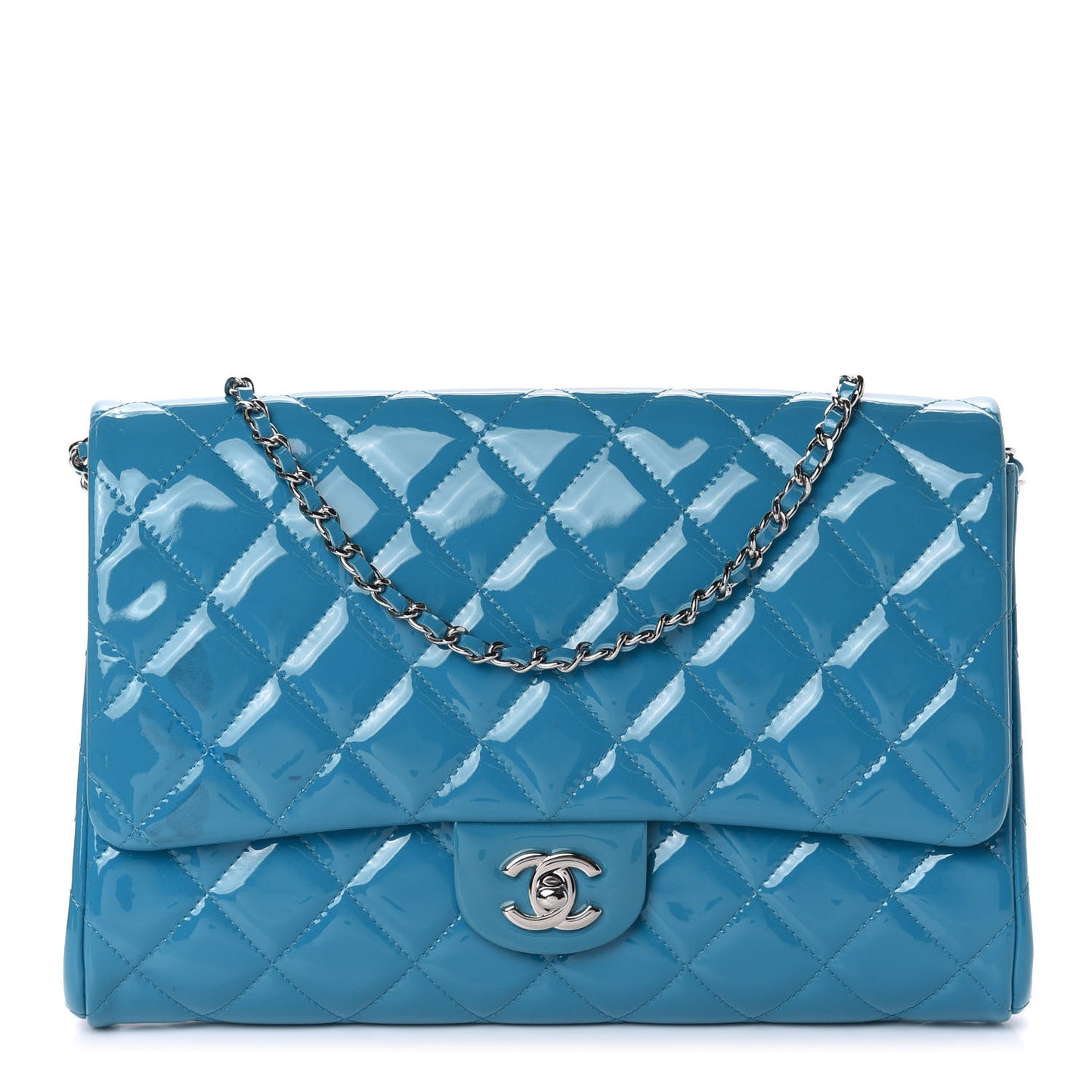 Patent Quilted Clutch with Chain Flap Blue