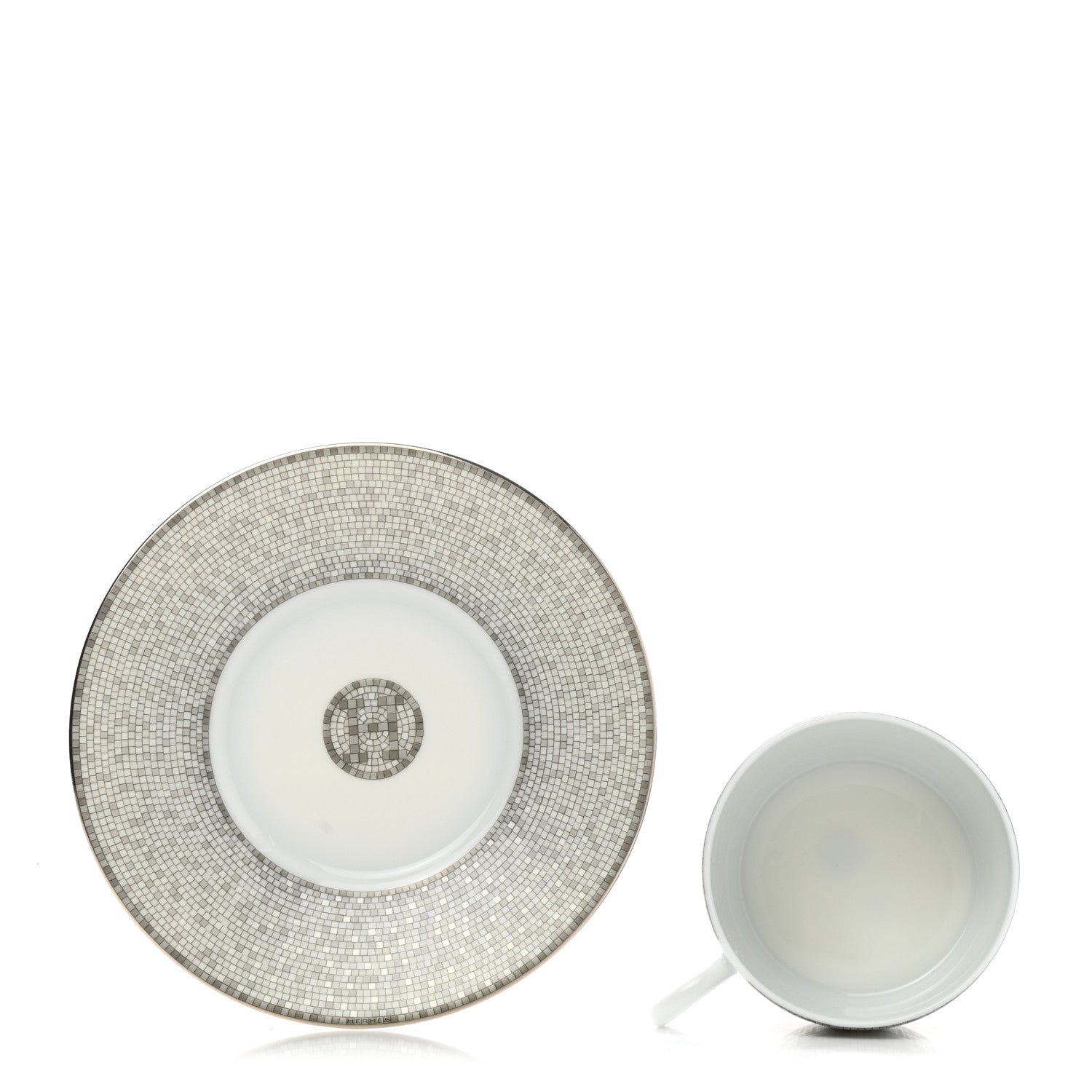 Hermes Porcelain Mosaique Au 24 Platine Tea Cup And Saucer Set Of 2 Platinum 4 of 12