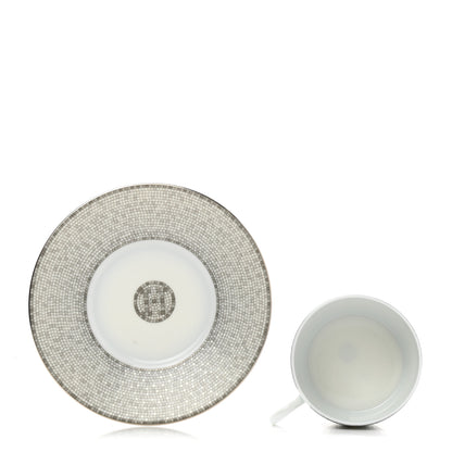 Hermes Porcelain Mosaique Au 24 Platine Tea Cup And Saucer Set Of 2 Platinum 4 of 12