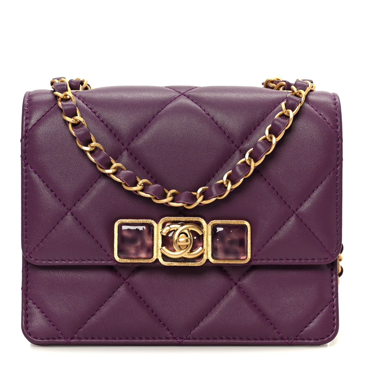 Calfskin Resin Quilted Mini Flap Purple